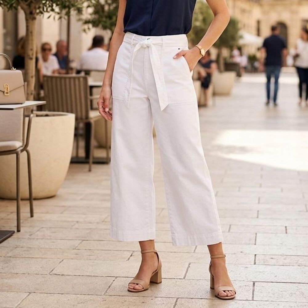 NWT Tommy Hilfiger High Rise Wide Leg Pants Womens 8 White Belted Preppy Coastal
